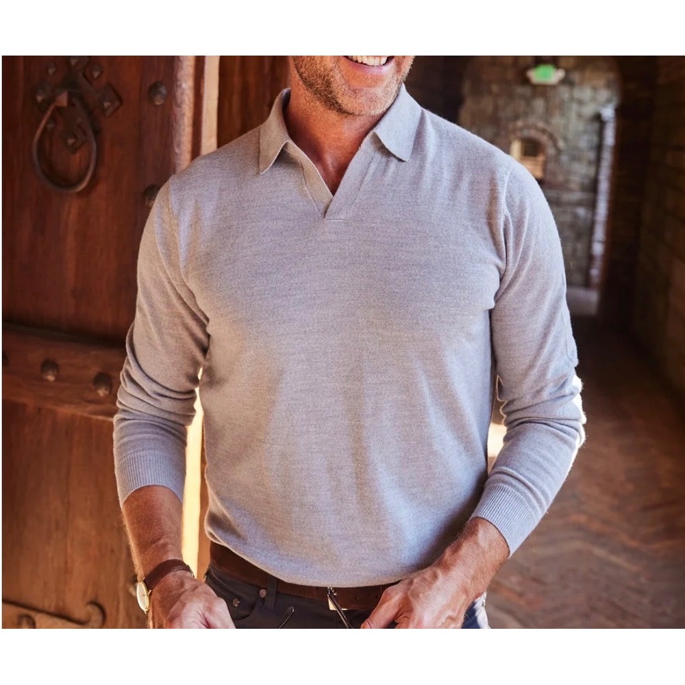 Collars & Co Men MEDIUM Polo Sweater Gray Australian Merino Wool Long Sleeve NWT